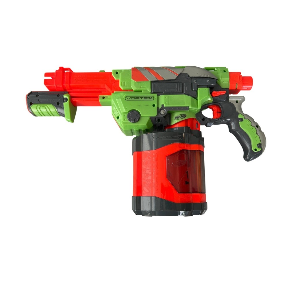 Nerf Vortex Praxis Blaster Green Orange with 40 Disc Drum Magazine Pump Action